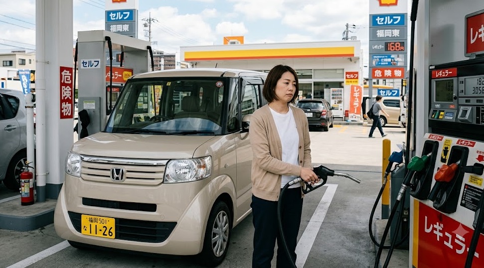 ソリンスタンドで、燃料タンク容量の少なさに起因する給油頻度の高さを実感し、少し疲れた表情でホンダN-BOX（標準車）を見つめるアジア人女性オーナー。