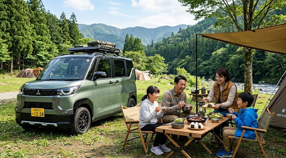 自然豊かなキャンプ場で、愛車の三菱デリカミニの横で楽しそうに食事をする日本人ファミリー。