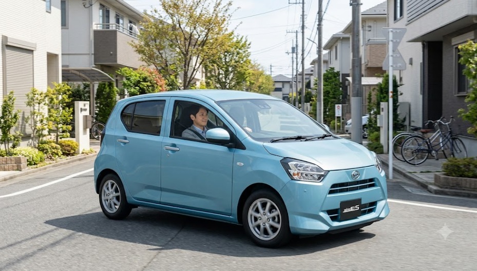 晴れた日の住宅街の細い路地をスムーズに走行するダイハツ ミライースと、リラックスして運転する日本人男性。毎日の通勤や買い物の風景。