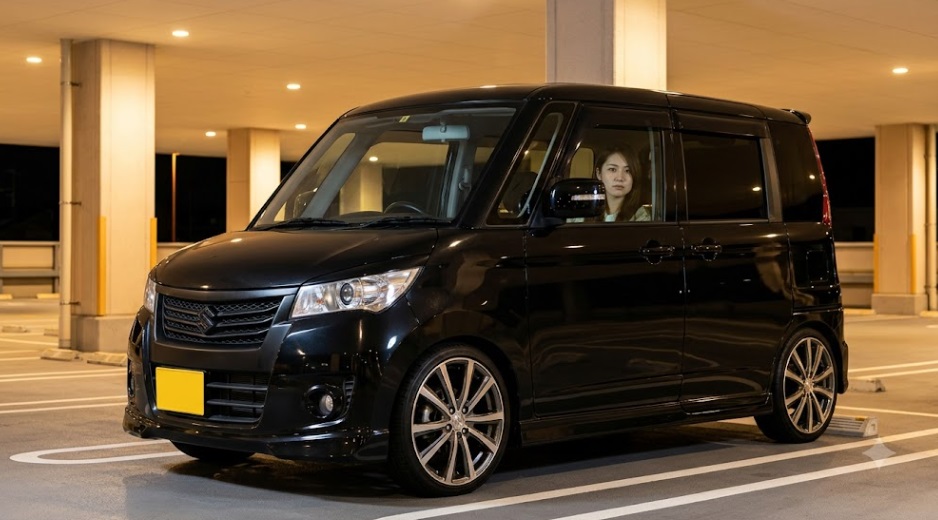 夜の駐車場に停車する、大径アルミホイールを装着した黒のスズキパレットSW（カスタムモデル）。運転席に座る日本人女性が、デザイン性は高いものの乗り心地の硬さを懸念するような表情を浮かべている。