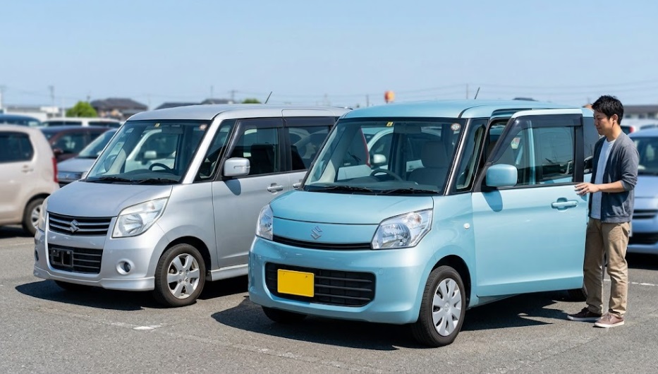 晴れた日の屋外中古車販売店にて並んで停車する、シルバーのスズキパレット（初代、左）と、その後継モデルである薄青色の初代スペーシア（右）。日本人男性がスペーシアの運転席に興味深げに立ち寄り、進化を確認している。