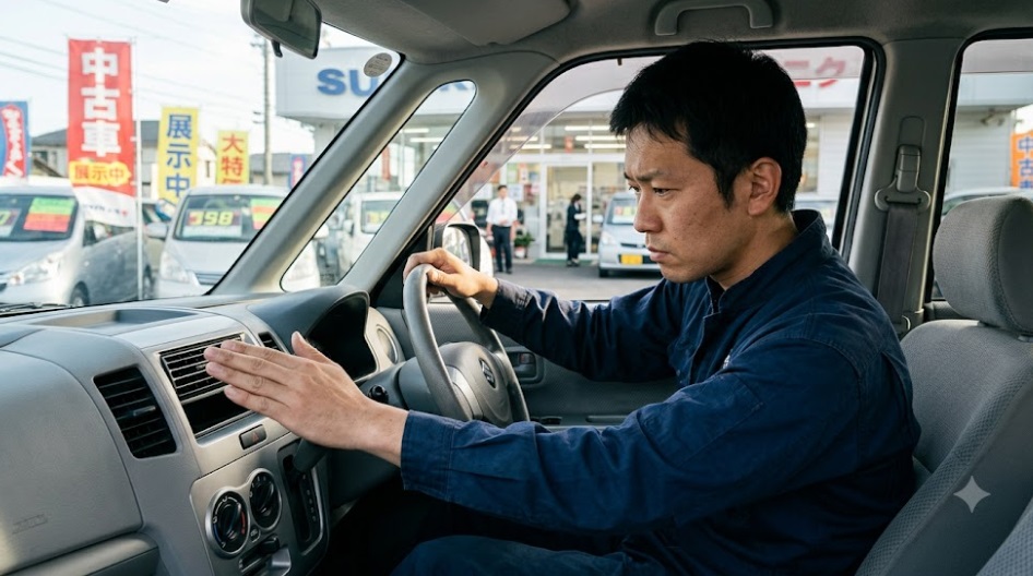 中古車販売店で、シルバーのスズキパレット（初代）の運転席に座り、エアコンの吹き出し口に手をかざして冷風や異臭をチェックする日本人男性。エアコンの不具合（エバポレーターのガス漏れ）を確認する重要な作業。