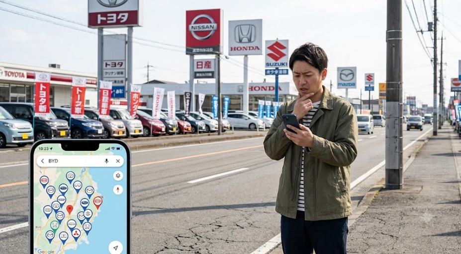 郊外の道路沿いに並ぶ大手国産車ディーラーと、スマートフォンで遠く離れたBYD販売店を検索し困惑する日本人男性。拠点数の少なさへの不安を描写。