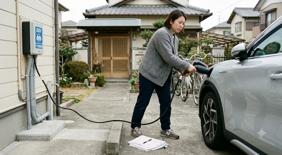 日本の自宅駐車場で、BYDラッコに200V充電ケーブルを繋ぐ日本人女性。足元には見積書があり、設置費用という現実的なハードルを視覚化。