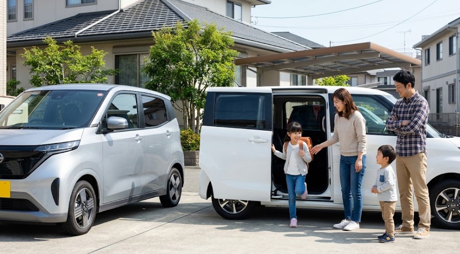 日産サクラ(左)とBYDラッコ(右)の比較。ラッコの全開になったスライドドアから子供が乗り降りする様子を日本人家族が笑顔で見守り、利便性の違いを強調。
