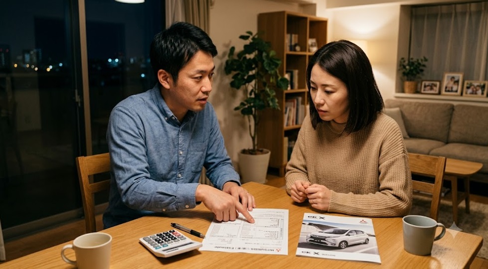 夜のリビングで、見積書を前に夫が指を差して説明し、妻が真剣に聞く日本人夫婦。新車の乗り出し価格と諸費用の内訳を慎重に確認する様子。
