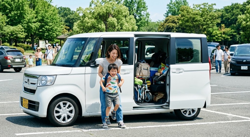 公園の駐車場で、スライドドアが開いたスーパーハイトワゴンから笑顔で子供を降ろす日本人女性。荷物も多く積め、ファミリーに人気の利便性を表現。