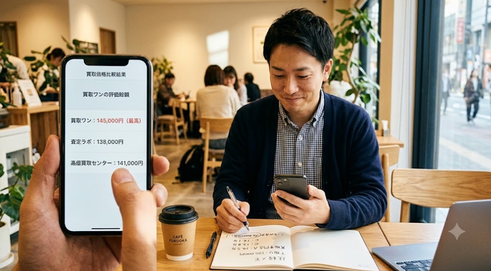 カフェでスマートフォンを見ながら、納得の表情を浮かべる日本人男性。複数の買取専門店の査定額を比較し、下取りよりも高く売る方法を検討する様子。