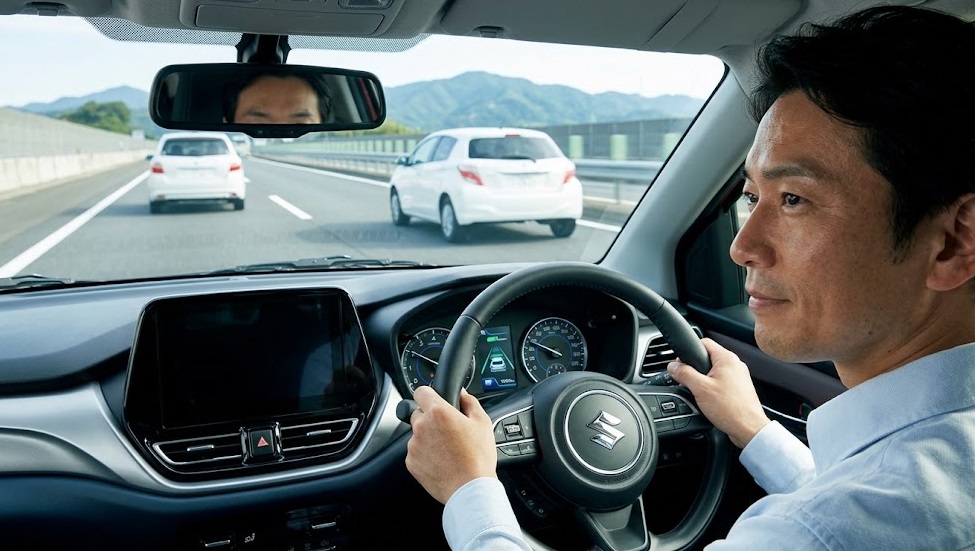 スズキ バレーノの運転席から見る、ACC(アダプティブクルーズコントロール)が作動し、前車との車間距離を維持して高速道路を走行する様子。安全装備の信頼性を視覚化。