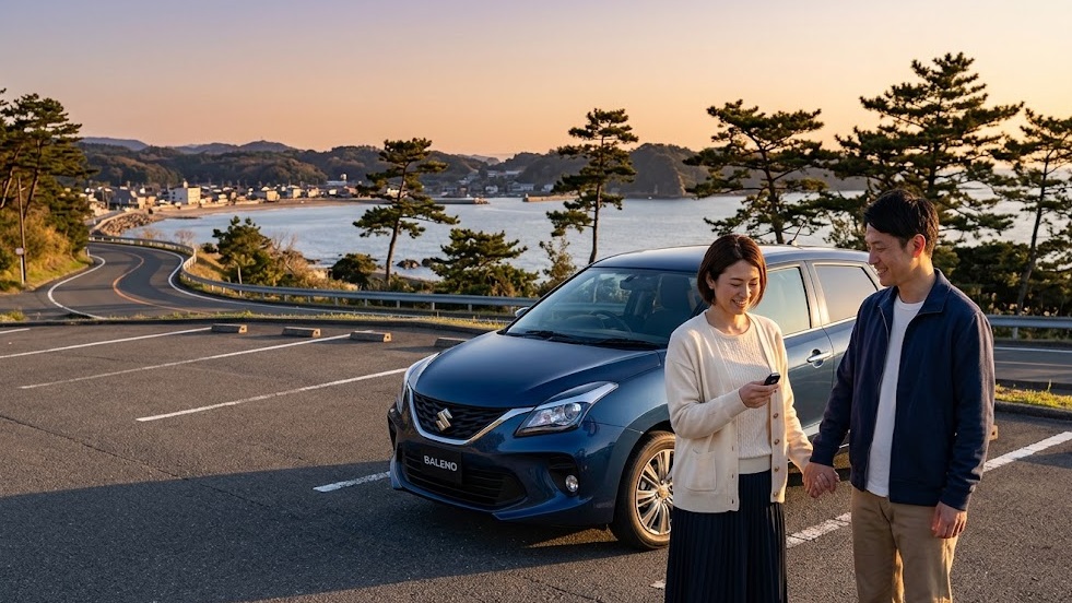 夕暮れの絶景ポイントで、満足げにスズキ バレーノの横に立つ日本人夫婦。手には車のキーがあり、所有する喜びと最高のコストパフォーマンスを表現。