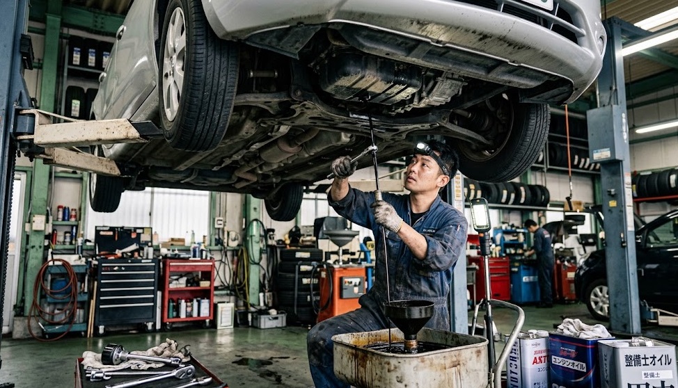 リフトアップされた車の下でオイル交換を行う整備士