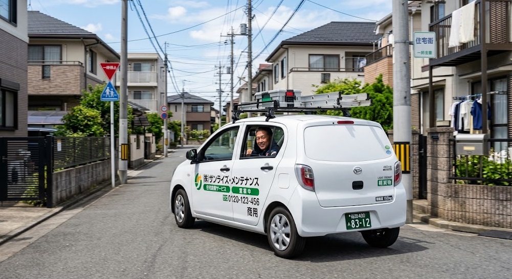 日本の住宅街を元気に走るダイハツ ミライースの商用車